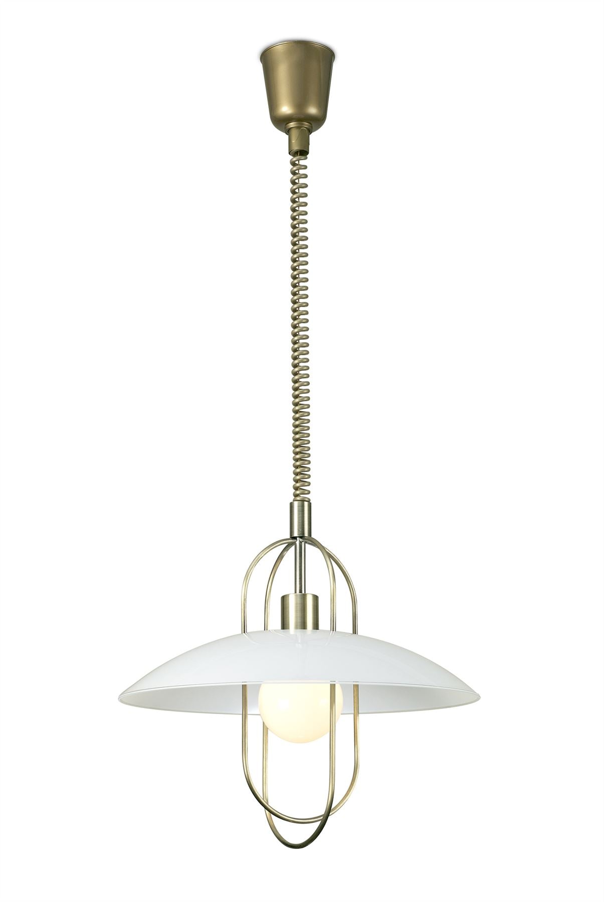 Deco Riva Rise & Fall Pendant 1 Light E27, Antique Brass/Opal White Glass Shade