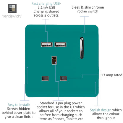 Trendi 1 Gang Artistic Modern Glossy 13 Amp 2x2.1mA USB Switched Tactile Bright Teal