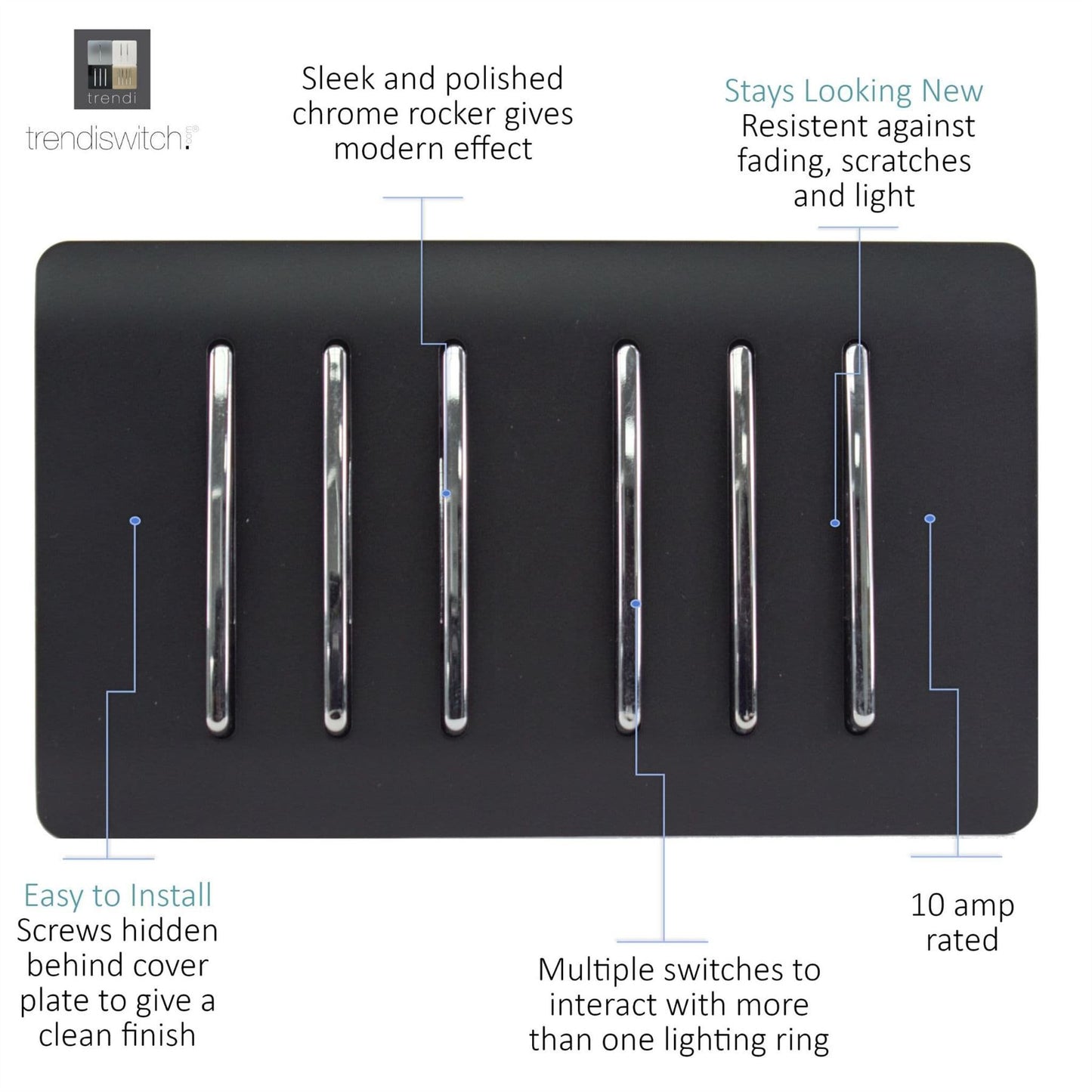 Trendi  6 Gang 2 Way Rocker Double Plate Light Switch in Matt Black