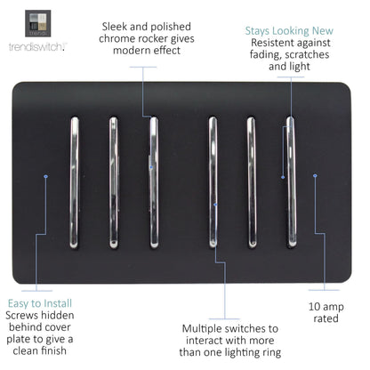 Trendi  6 Gang 2 Way Rocker Double Plate Light Switch in Matt Black