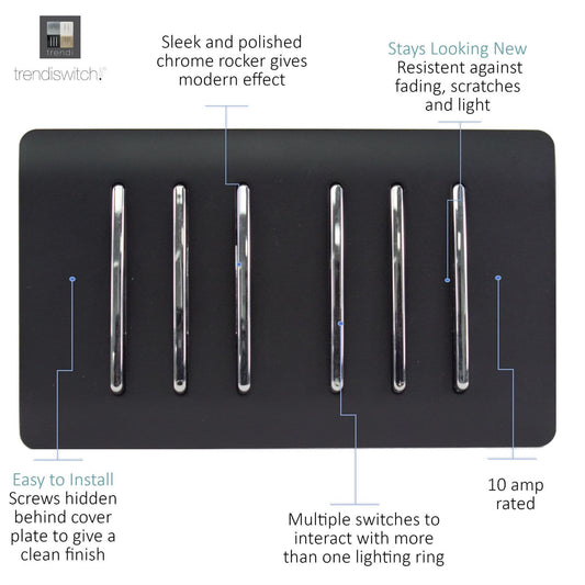 Trendi  6 Gang 2 Way Rocker Double Plate Light Switch in Matt Black