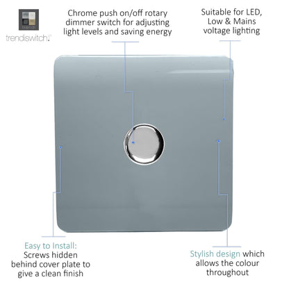 Trendi 1 Gang 2 Way 240V 100w LED Dimmer Screwless Raised Front Plate Plastic Artistic Modern Glossy 10 Amp Chrome Single Electrical Wall Light Switch in Cool Grey - ART-LDMCG