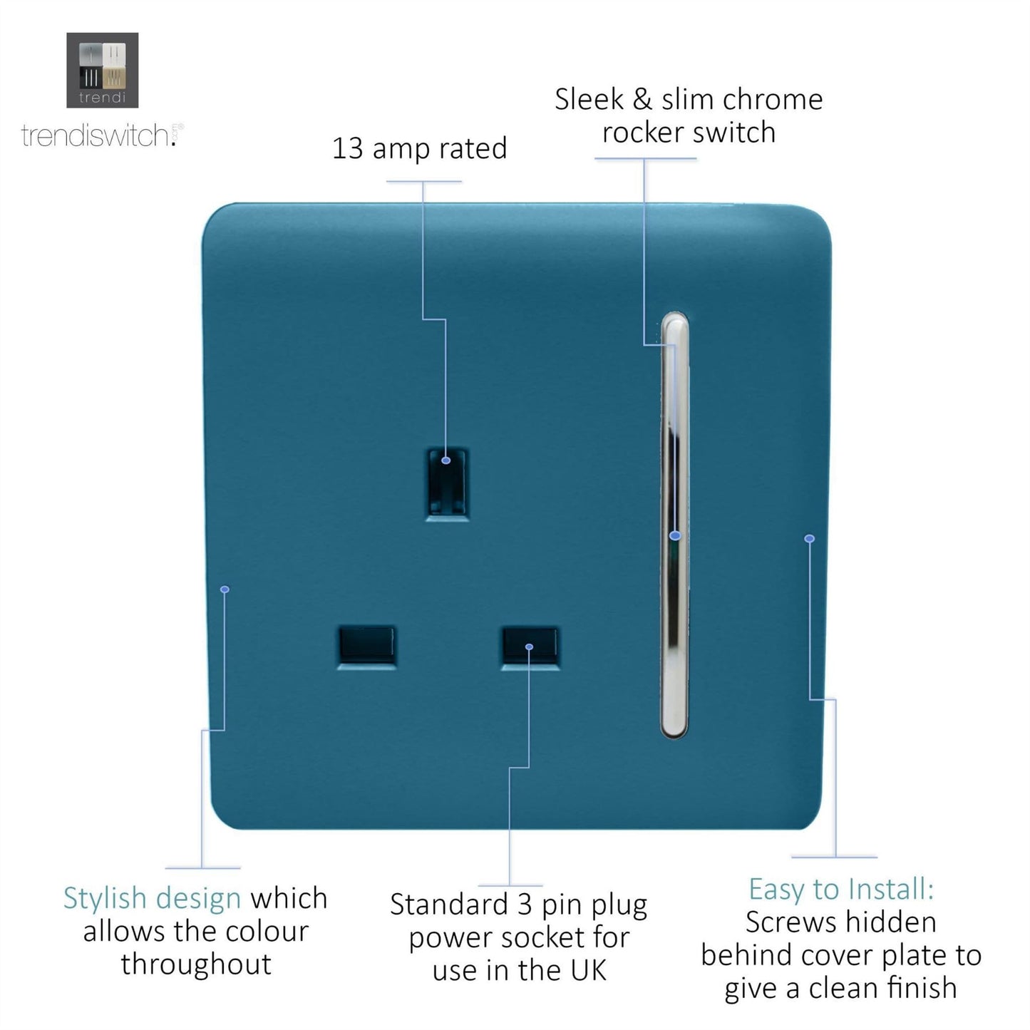 Trendi 1 Gang Artistic Modern Glossy 13 Amp Switched Tactile Plug Socket Ocean Blue