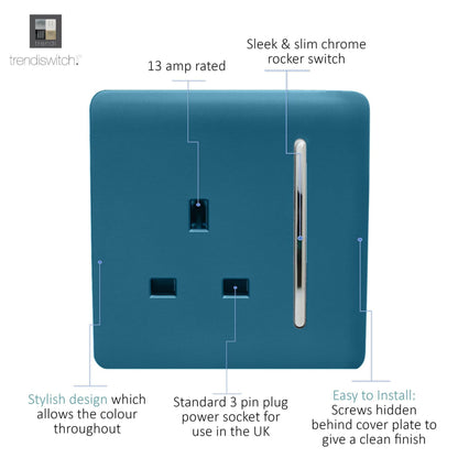 Trendi 1 Gang Artistic Modern Glossy 13 Amp Switched Tactile Plug Socket Ocean Blue