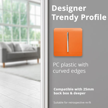 Trendi 1 Gang 2 Way 240V Screwless Artistic Modern Glossy 10 Amp Chrome Rocker Electrical Wall Light Switch in Sunset Orange (2 pack)