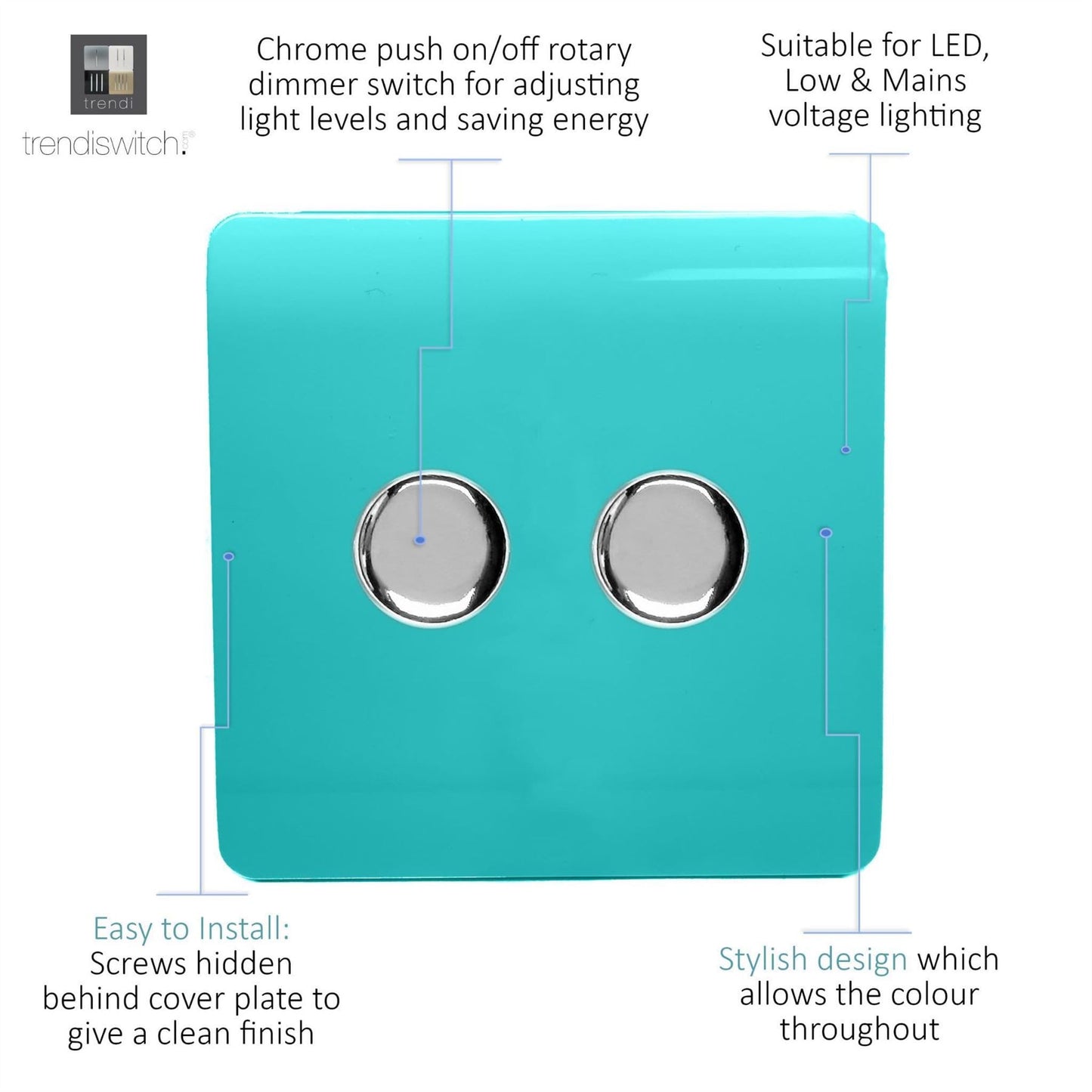 Trendi 2 Gang 2 Way 240V 100w LED Dimmer Screwless Raised Front Plate Plastic Artistic Modern Glossy 10 Amp Chrome Single Electrical Wall Light Switch in Bright Teal - ART-2LDMBT