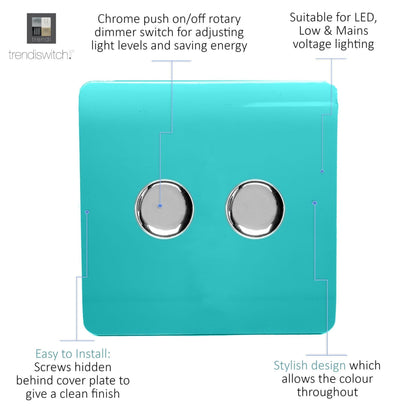 Trendi 2 Gang 2 Way 240V 100w LED Dimmer Screwless Raised Front Plate Plastic Artistic Modern Glossy 10 Amp Chrome Single Electrical Wall Light Switch in Bright Teal - ART-2LDMBT