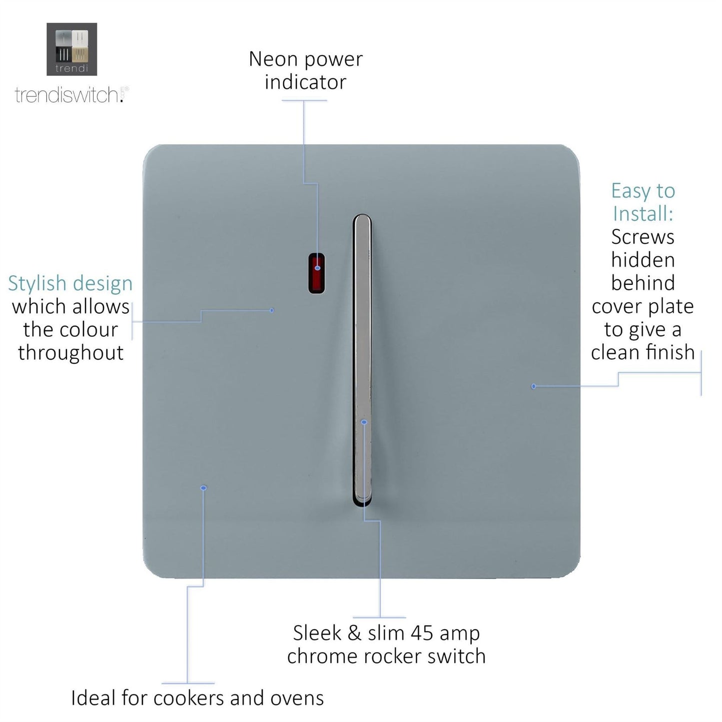 Trendi Artistic Modern Glossy 20 A Tactile Light Switch & Neon Insert Cool Grey