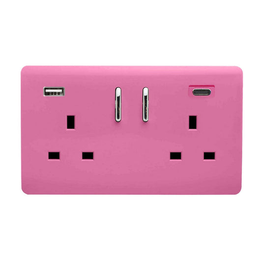 Trendi 2 Gang Artistic Modern Glossy 13 Amp 2 x Type A & C 3100mA USB Switched Plug Socket Candy Pink