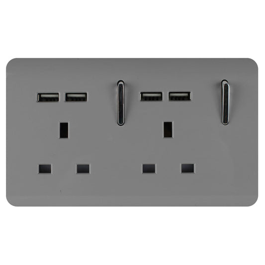 Trendi 2 Gang Artistic Modern Glossy 13 Amp 4x2.1mA USB Switched Tactile Plug Socket Light Grey