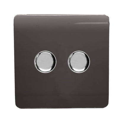 Trendi 2 Gang 2 Way 240V 100w LED Dimmer Screwless Raised Front Plate Plastic Artistic Modern Glossy 10 Amp Chrome Single Electrical Wall Light Switch in Mocha Brown - ART-2LDMDB
