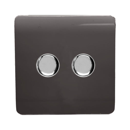 Trendi 2 Gang 2 Way 240V 100w LED Dimmer Screwless Raised Front Plate Plastic Artistic Modern Glossy 10 Amp Chrome Single Electrical Wall Light Switch in Mocha Brown - ART-2LDMDB