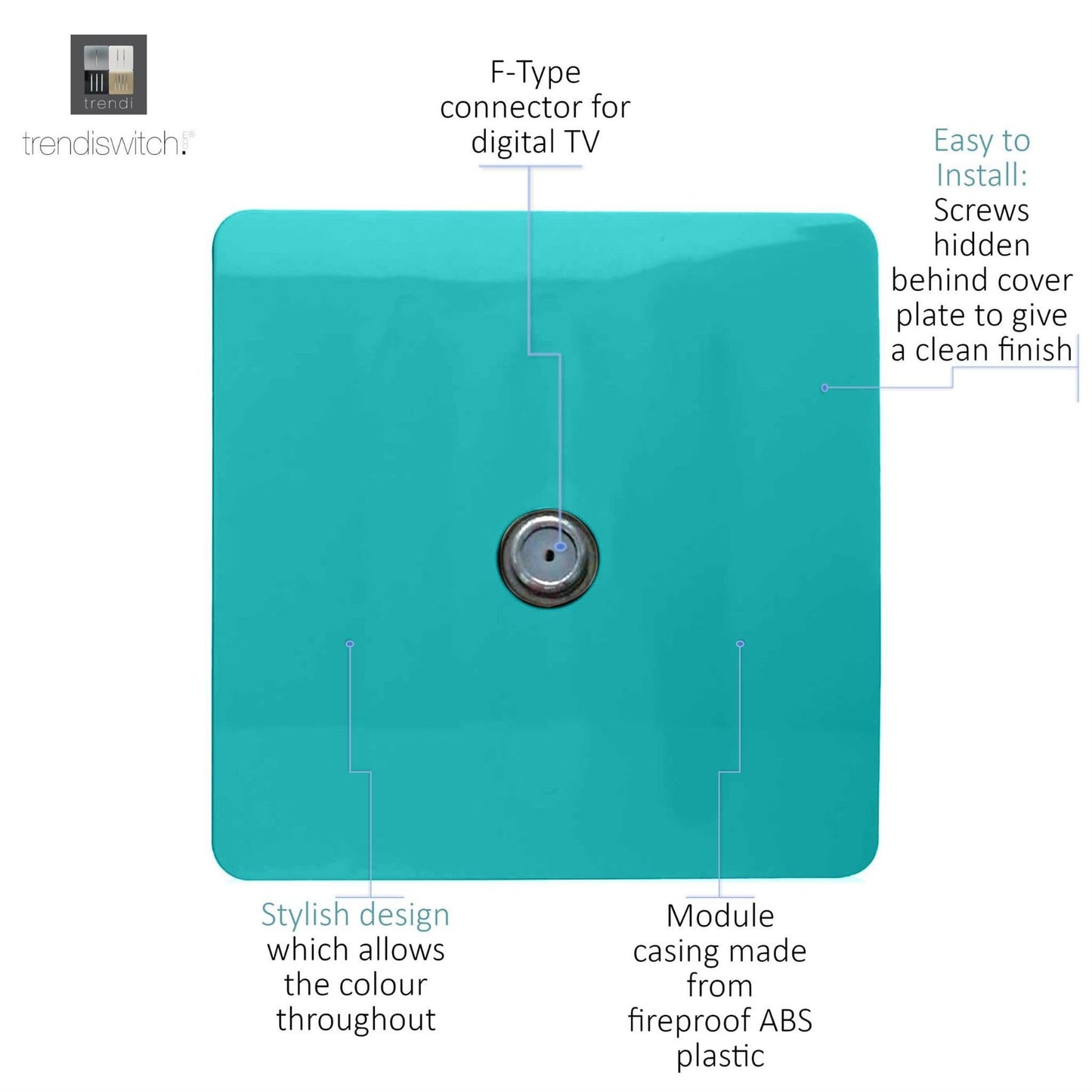 Trendi 1 Gang Artistic Modern Glossy Screwless Television Satellite Socket Bright Teal