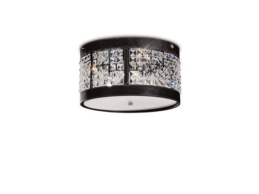 Diyas Celsa 35cm Flush  3 Light E14 Polished Chrome/Dark Brown Faux Leather/Crystal Ceiling Light Fitting