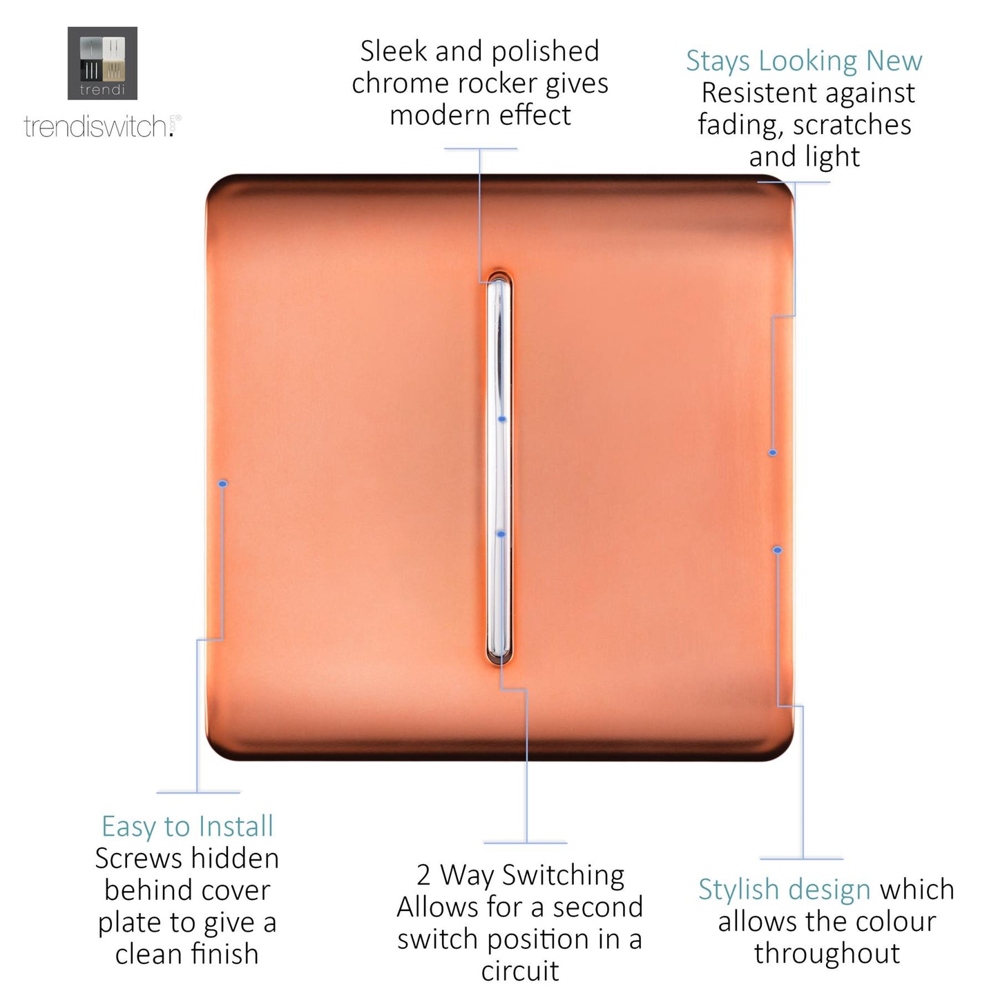 Trendi 1 Gang 2 Way 240V Screwless Raised Front Plate Plastic Artistic Modern Glossy 10 Amp Chrome Rocker Single Electrical Wall Light Switch in Copper