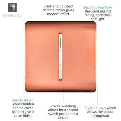 Trendi 1 Gang 2 Way 240V Screwless Raised Front Plate Plastic Artistic Modern Glossy 10 Amp Chrome Rocker Single Electrical Wall Light Switch in Copper