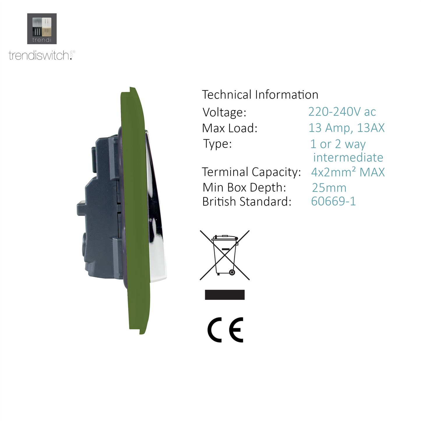 Trendi 2 Gang Artistic Modern Glossy 13 Amp Switched  Plug Socket Moss Green (3 Pack)