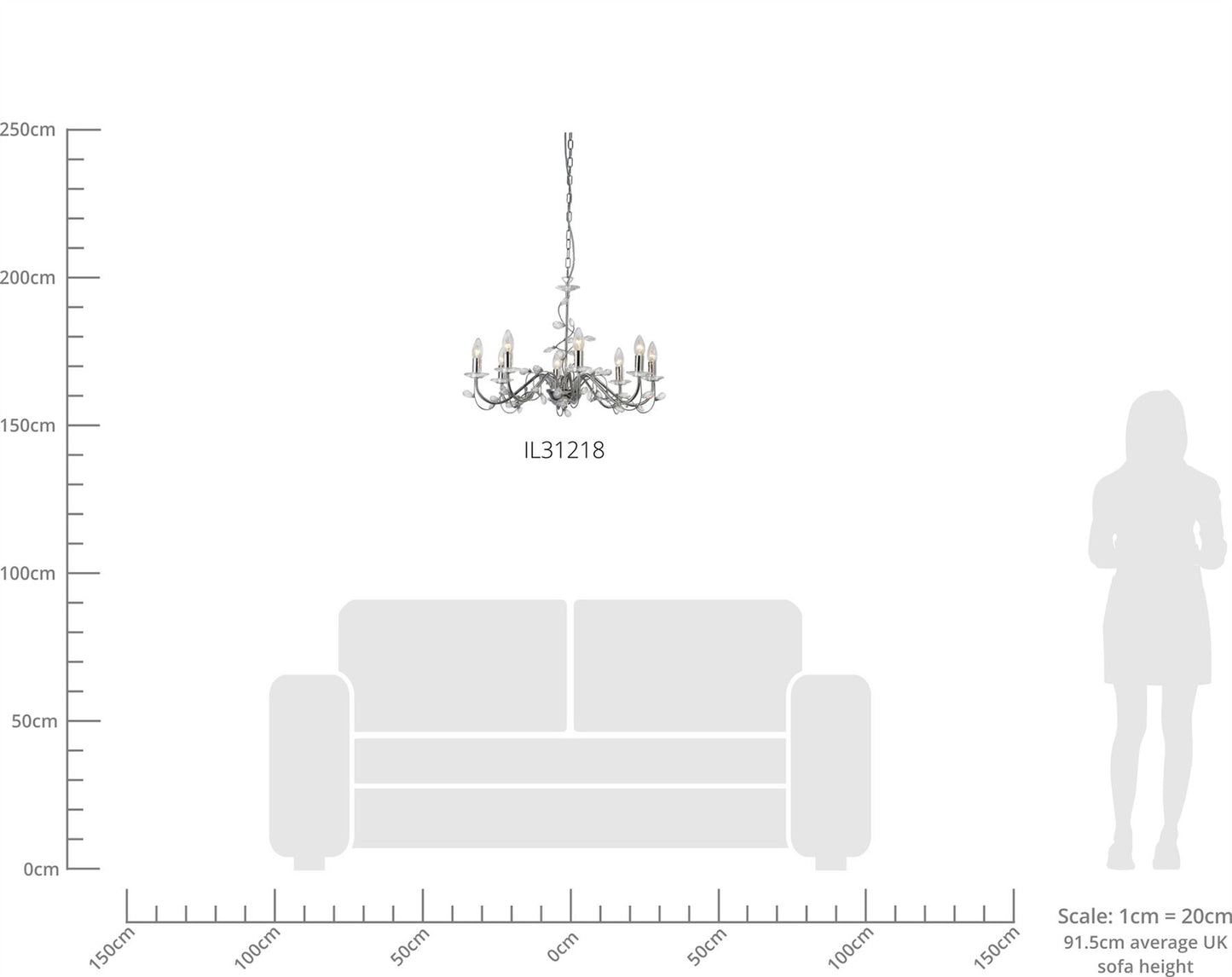 Diyas Willow 64cm  WITHOUT SHADE 8 Light E14 Polished Chrome/Crystal Ceiling Pendant Light Fitting