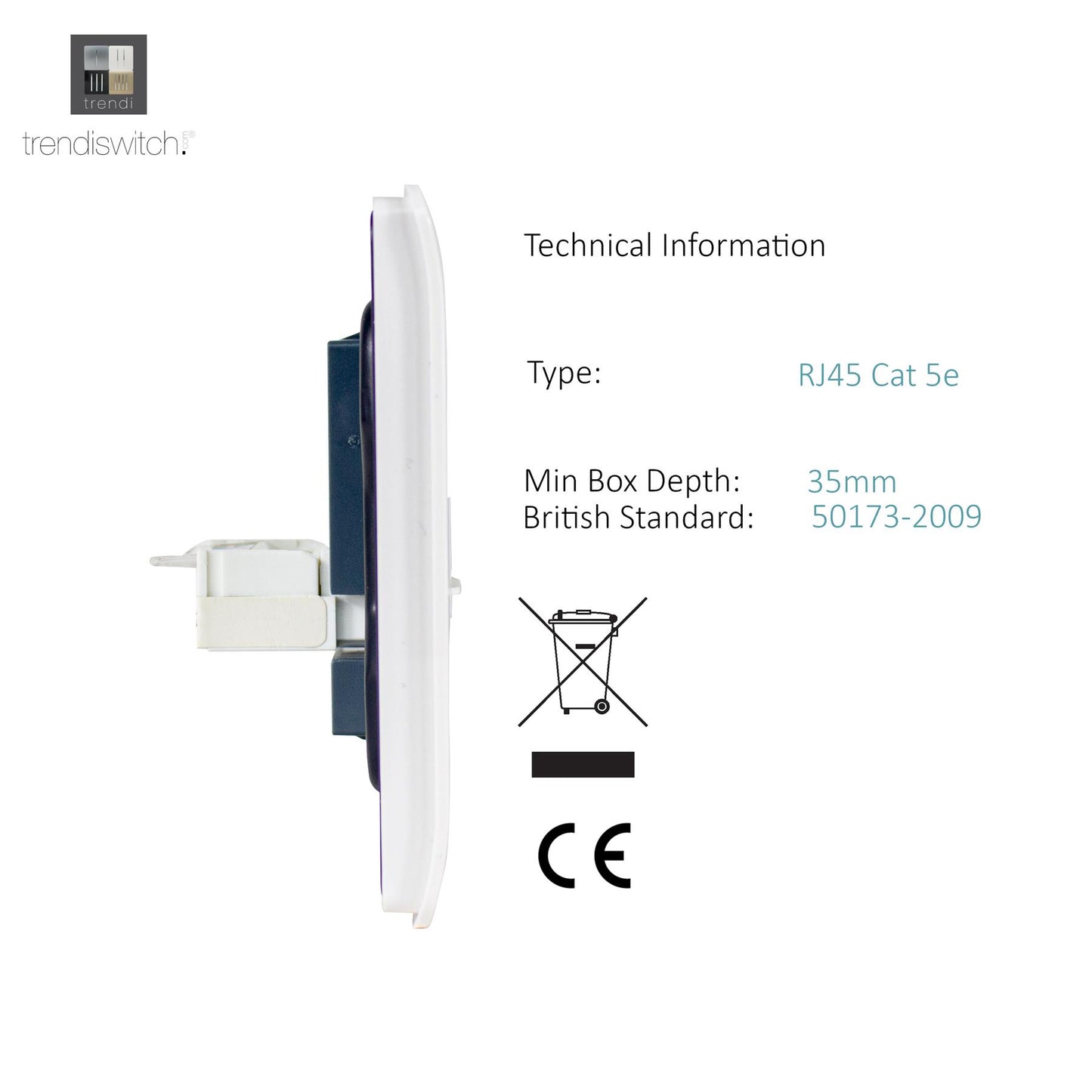 Trendi Switch 1 Gang RJ45 Cat 5e PC Ethernet Socket in Matt White - ART-PCMWH