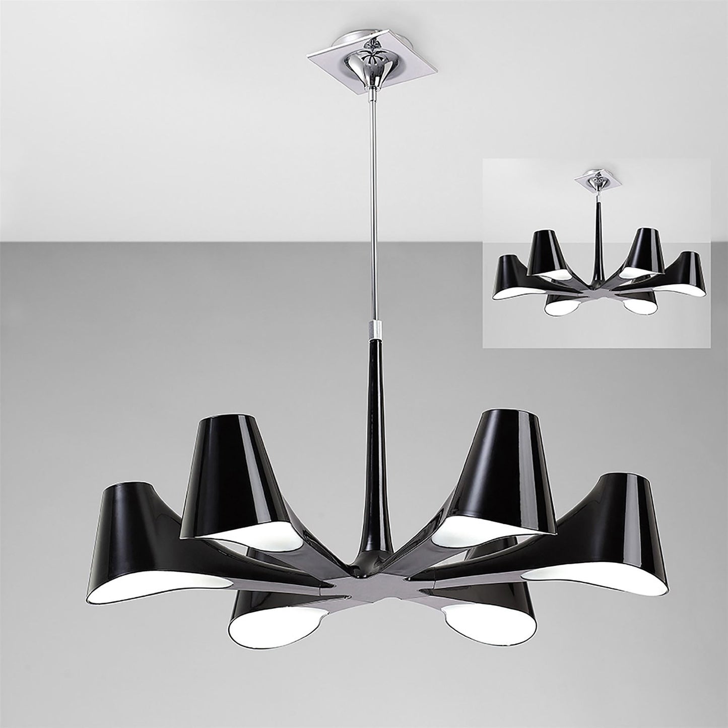Mantra Ora 77cm Telescopic Convertible To Semi Flush 6 Light E27, Gloss Black/White Acrylic/Polished Chrome, CFL Lamps INCLUDED