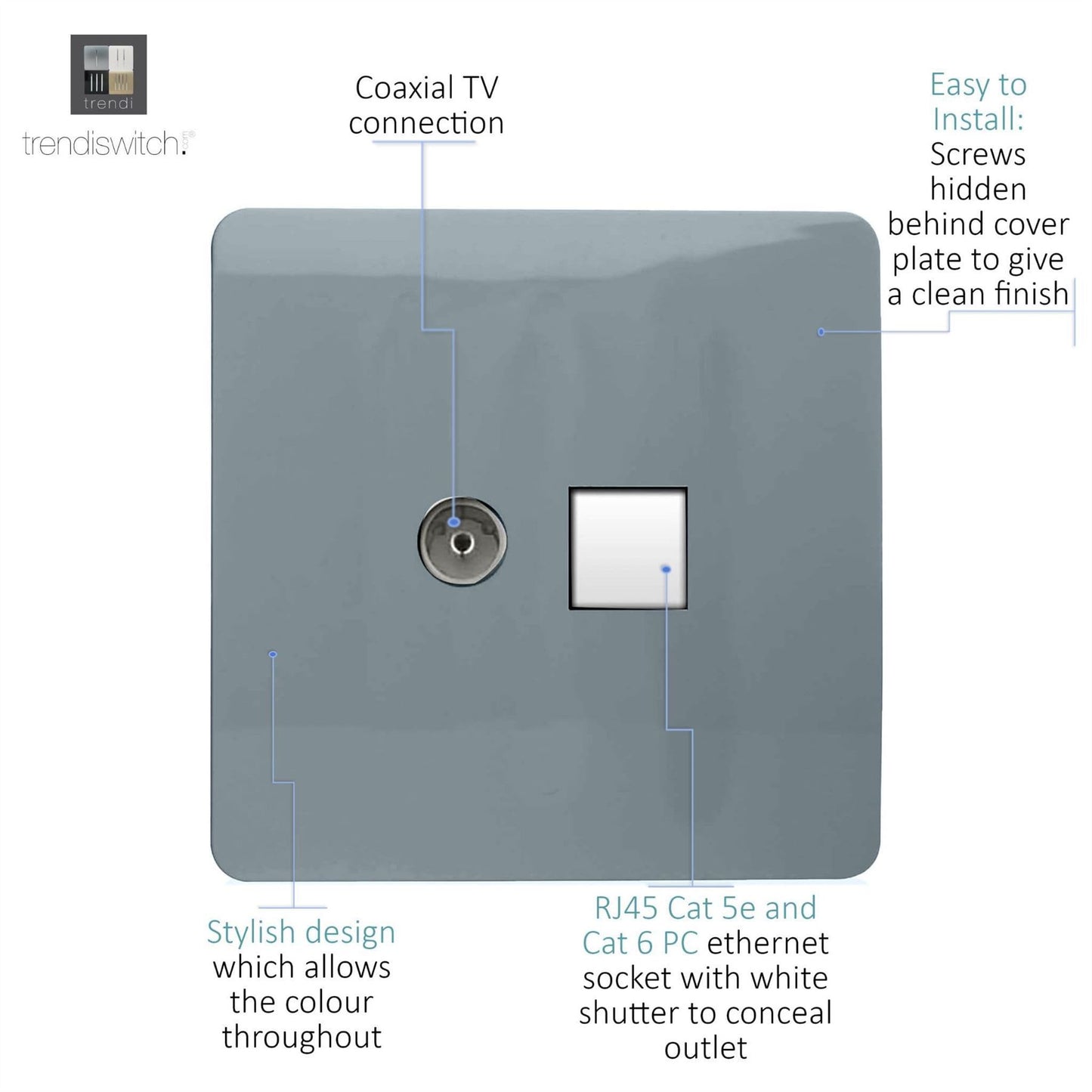 Trendi Modern Glossy Tactile TV Co-axial Socket+RJ45 Cat 5e&Cat 6 PC Ethernet Socket Cool Grey