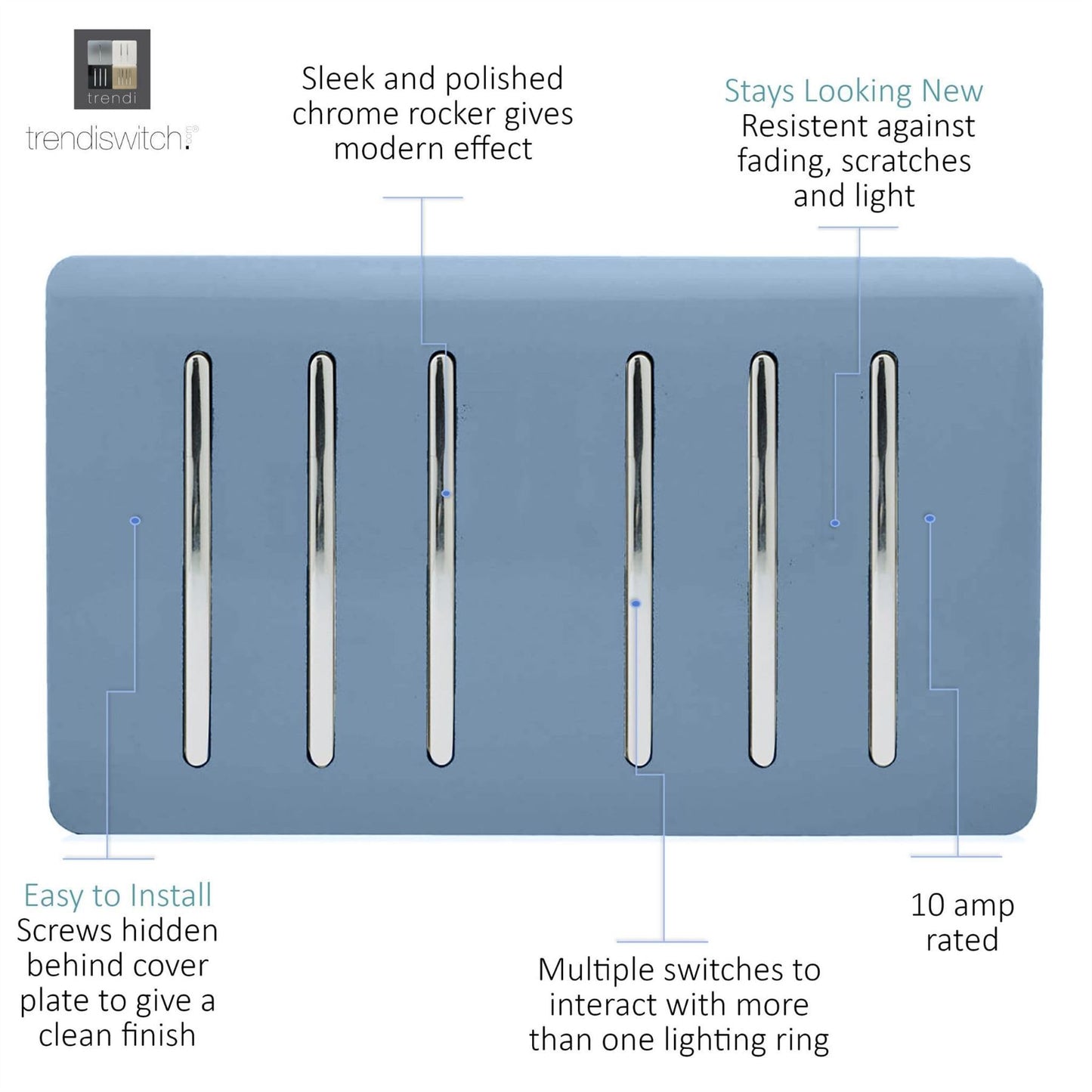 Trendi Artistic Modern Glossy 6 Gang 2 Way Rocker Double Plate Tactile Light Switch Sky