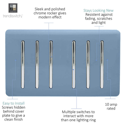 Trendi Artistic Modern Glossy 6 Gang 2 Way Rocker Double Plate Tactile Light Switch Sky