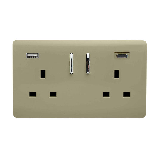 Champagne Gold Screwless 2 Gang Switched Double Socket 13A With 1 x USB-A & 1 x USB-C 45W (Shared), (35mm Back Box Req.), 10yrs Warranty