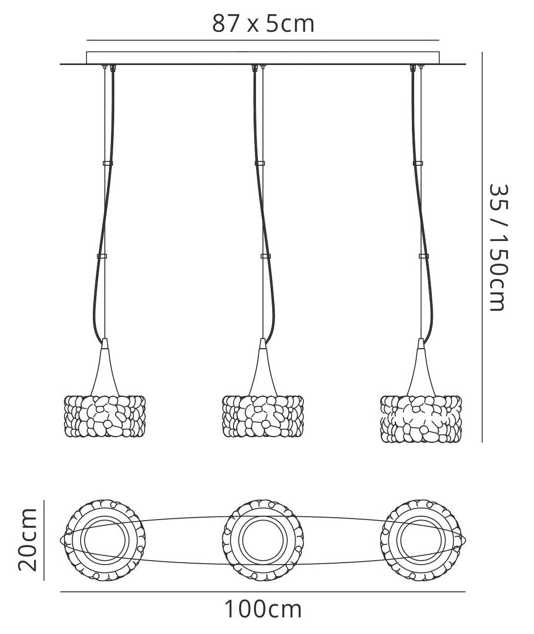 Mantra M3931 O2 Linear Pendant 3 Light E27 Line Large, Polished Chrome