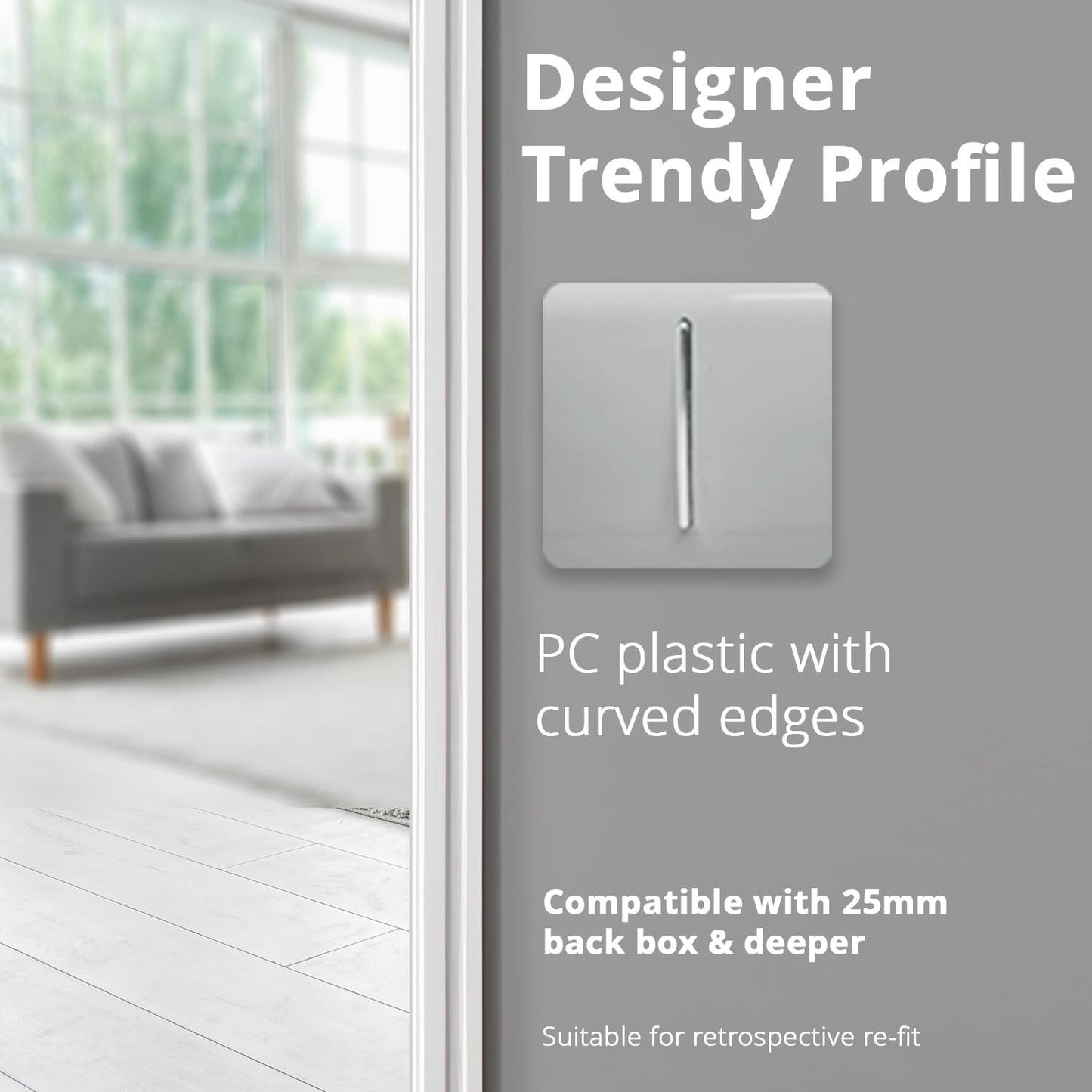 Trendi 1 Gang 2 Way 240V Screwless Artistic Modern Glossy 10 Amp Chrome Rocker Electrical Wall Light Switch in Platinum Silver (3 pack)