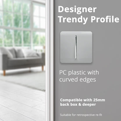 Trendi 1 Gang 2 Way 240V Screwless Artistic Modern Glossy 10 Amp Chrome Rocker Electrical Wall Light Switch in Platinum Silver (3 pack)