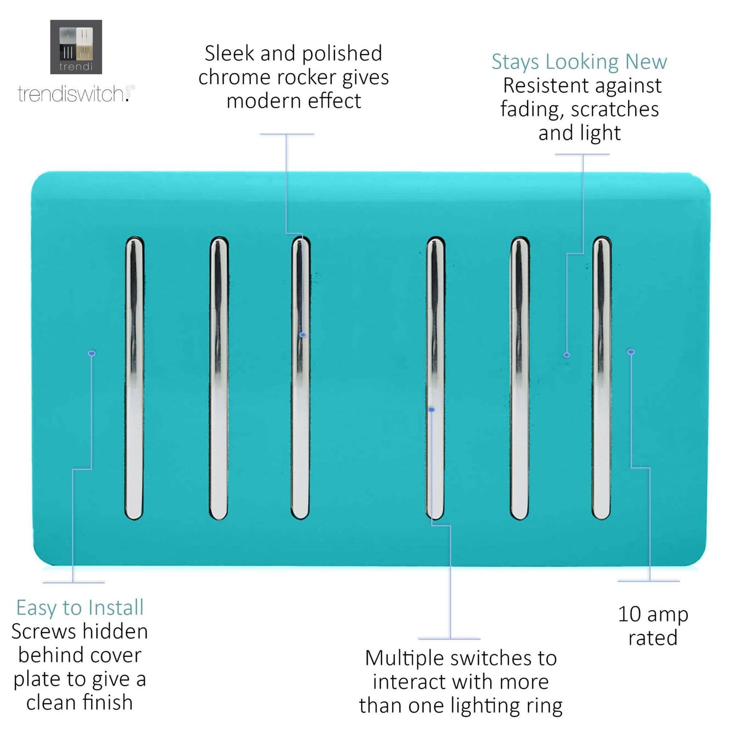 Trendi Artistic Modern Glossy 6 Gang 2 Way Rocker Double Plate Tactile Light Switch Bright Teal