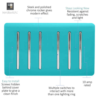 Trendi Artistic Modern Glossy 6 Gang 2 Way Rocker Double Plate Tactile Light Switch Bright Teal