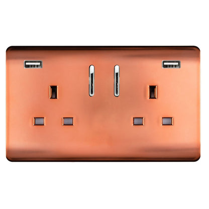 Trendi 2 Gang Artistic Modern Glossy 13 Amp 2 x 3.1mA USB Switched Plug Socket Copper