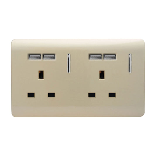 Trendi 2 Gang  13 Amp 4 x 2.1mA USB Switched Plug Socket Gold ART-SKT213USBGO