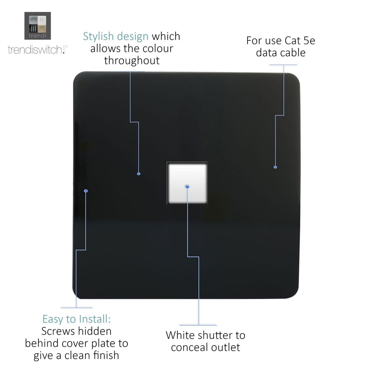 Trendi Artistic Modern RJ45 Cat 5e & Cat 6 Ethernet Socket Black ART-PCBK