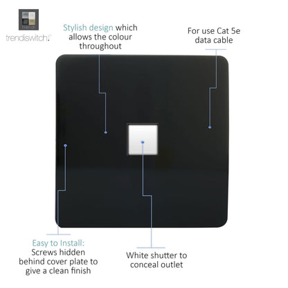 Trendi Artistic Modern RJ45 Cat 5e & Cat 6 Ethernet Socket Black ART-PCBK