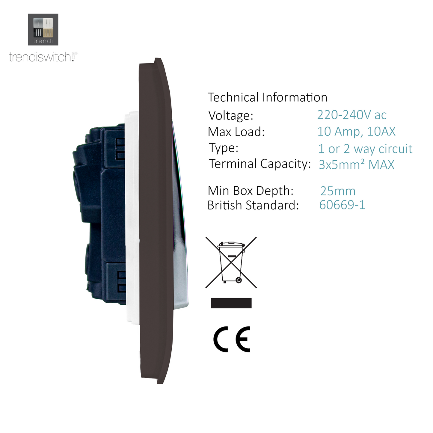 Trendi 1 Gang 2 Way 240V Screwless Raised Front Plate Plastic Artistic Modern Glossy 10 Amp Chrome Rocker Single Electrical Wall Light Switch in Dark Mocha Brown