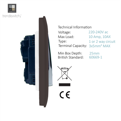 Trendi 1 Gang 2 Way 240V Screwless Raised Front Plate Plastic Artistic Modern Glossy 10 Amp Chrome Rocker Single Electrical Wall Light Switch in Dark Mocha Brown