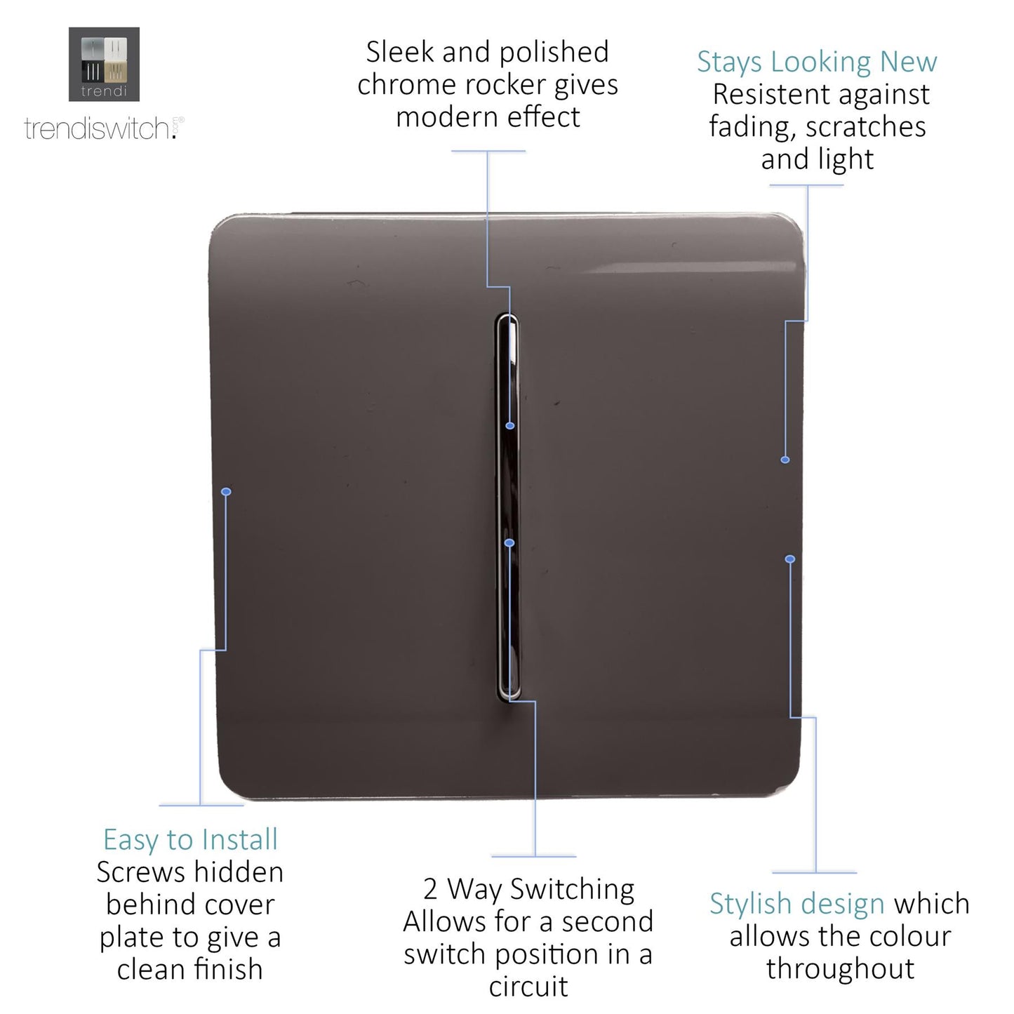 Trendi 1 Gang 2 Way 240V Screwless Raised Front Plate Plastic Artistic Modern Glossy 10 Amp Chrome Rocker Single Electrical Wall Light Switch in Dark Mocha Brown