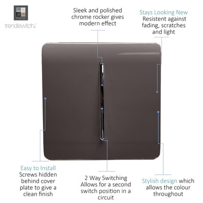 Trendi 1 Gang 2 Way 240V Screwless Raised Front Plate Plastic Artistic Modern Glossy 10 Amp Chrome Rocker Single Electrical Wall Light Switch in Dark Mocha Brown