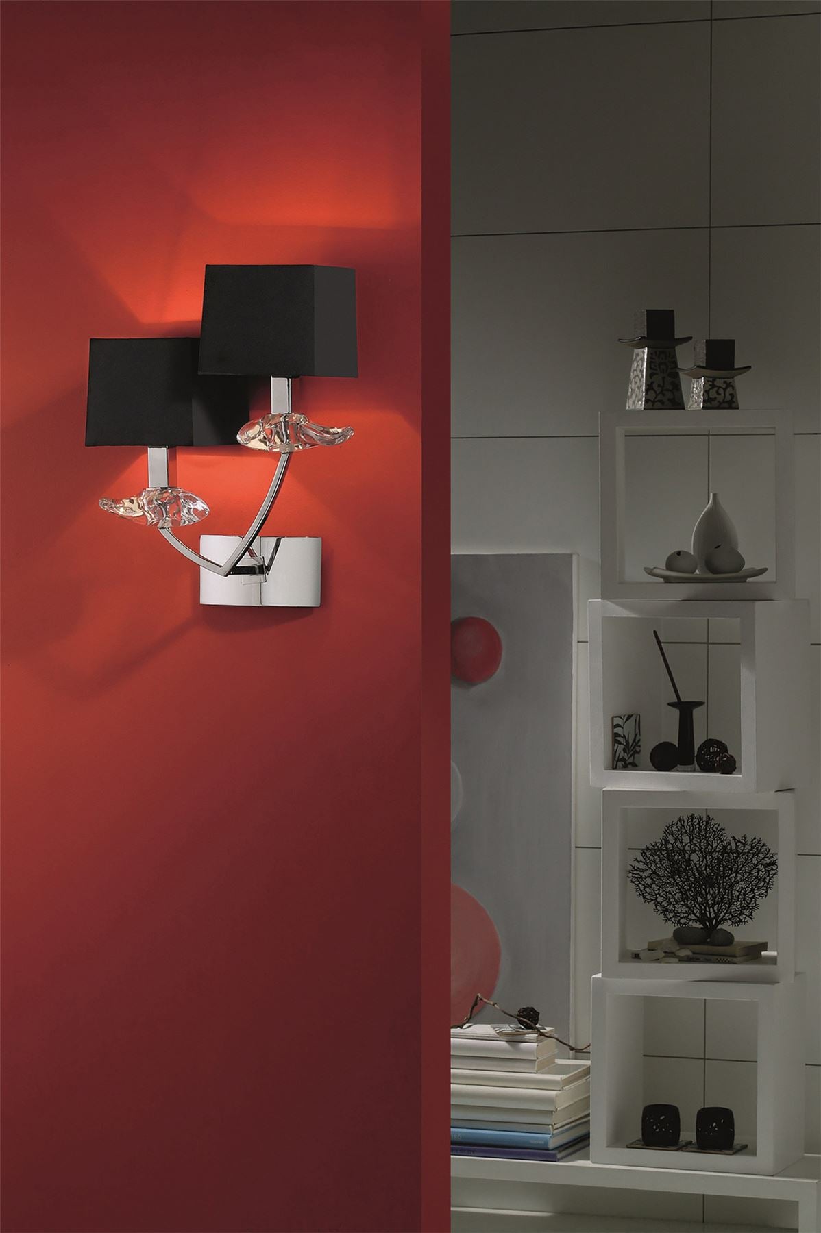 Mantra Akira Wall Light Switched 2 Light E14, Polished Chrome with Black Shades