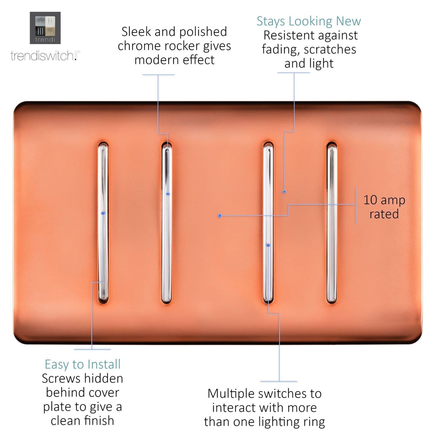 Trendi Artistic Modern Glossy 4 Gang 2 Way  Rocker Double Plate Tactile Light Switch Copper