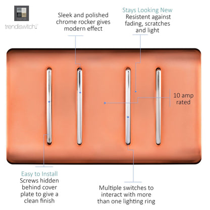 Trendi Artistic Modern Glossy 4 Gang 2 Way  Rocker Double Plate Tactile Light Switch Copper