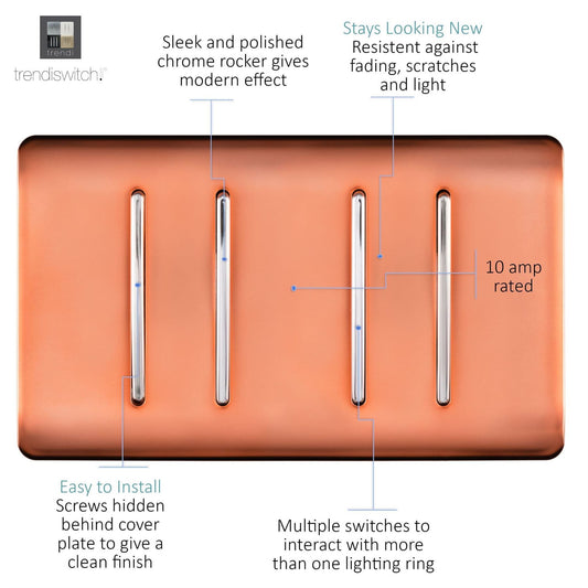 Trendi Artistic Modern Glossy 4 Gang 2 Way  Rocker Double Plate Tactile Light Switch Copper