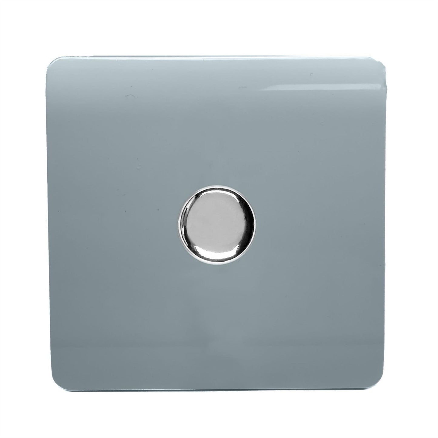 Trendi 1 Gang 2 Way 240V 100w LED Dimmer Screwless Raised Front Plate Plastic Artistic Modern Glossy 10 Amp Chrome Single Electrical Wall Light Switch in Cool Grey - ART-LDMCG