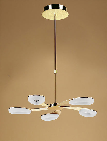 Mantra Fusion Juno 65cm Telescopic 5 Light 30W LED 3000K, 2700lm, Satin Gold/Frosted Acrylic/Gold, 3yrs Warranty