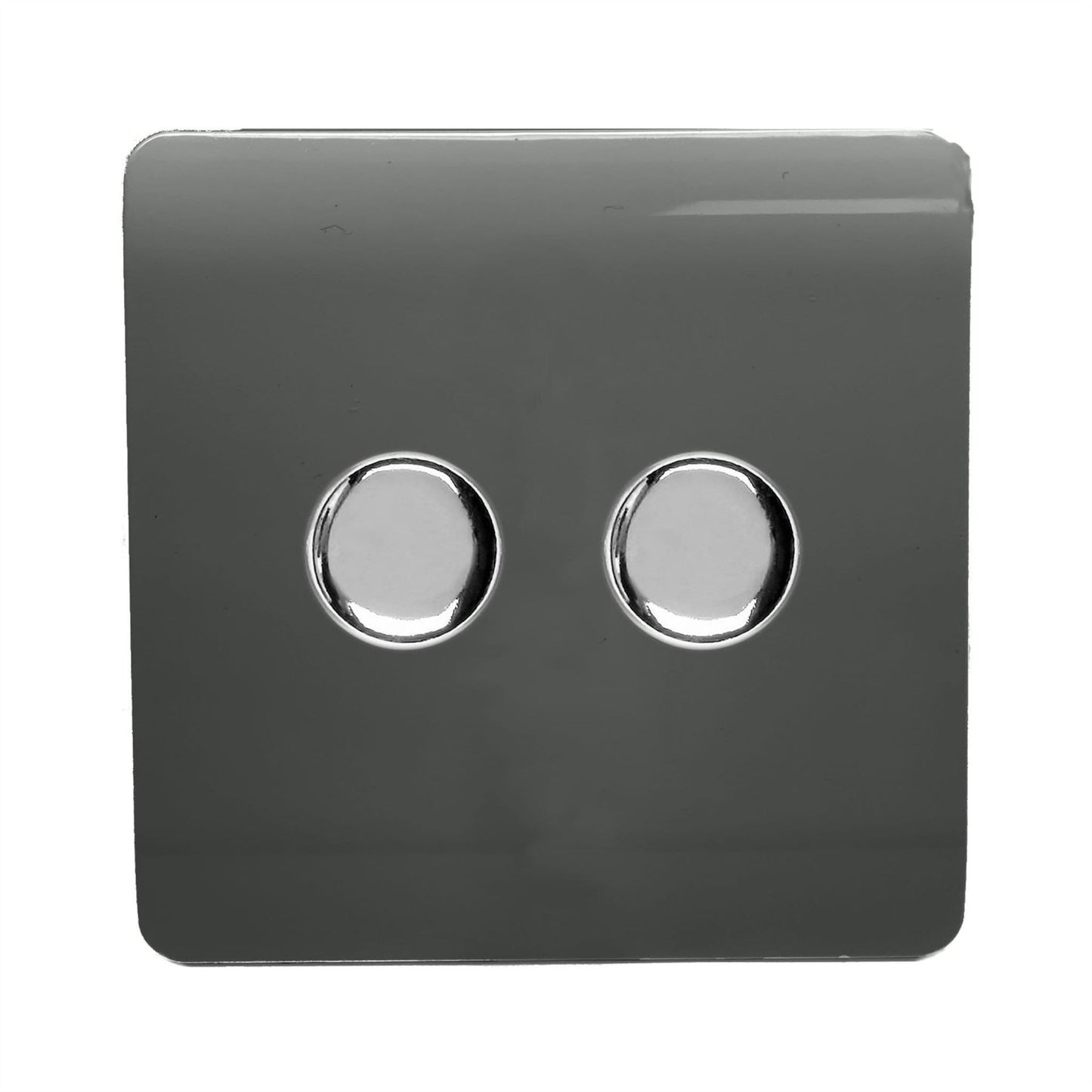 Trendi 2 Gang 2 Way 240V 100w LED Dimmer Screwless Raised Front Plate Plastic Artistic Modern Glossy 10 Amp Chrome Single Electrical Wall Light Switch in Charcoal - ART-2LDMCH