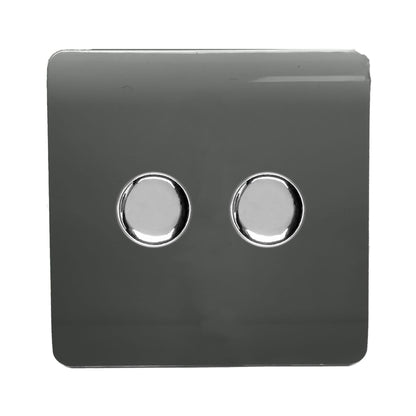 Trendi 2 Gang 2 Way 240V 100w LED Dimmer Screwless Raised Front Plate Plastic Artistic Modern Glossy 10 Amp Chrome Single Electrical Wall Light Switch in Charcoal - ART-2LDMCH