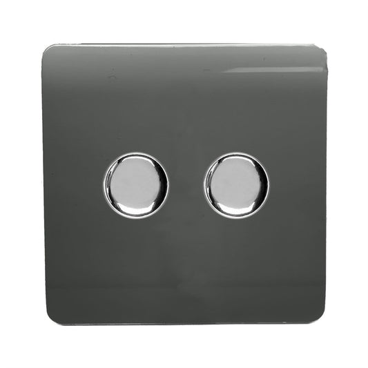Trendi 2 Gang 2 Way 240V 100w LED Dimmer Screwless Raised Front Plate Plastic Artistic Modern Glossy 10 Amp Chrome Single Electrical Wall Light Switch in Charcoal - ART-2LDMCH
